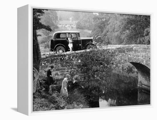 1930 Triumph Super 7 on a Stone Bridge in Rural England, 1930's-null-Framed Stretched Canvas