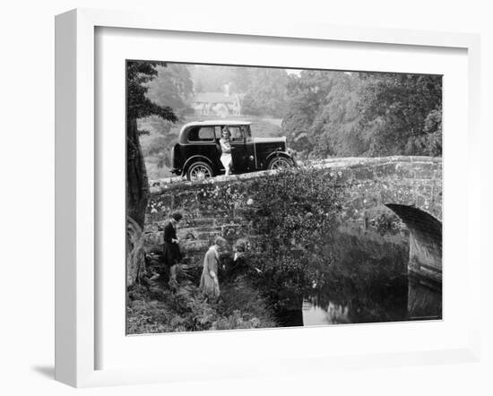 1930 Triumph Super 7 on a Stone Bridge in Rural England, 1930's-null-Framed Photographic Print