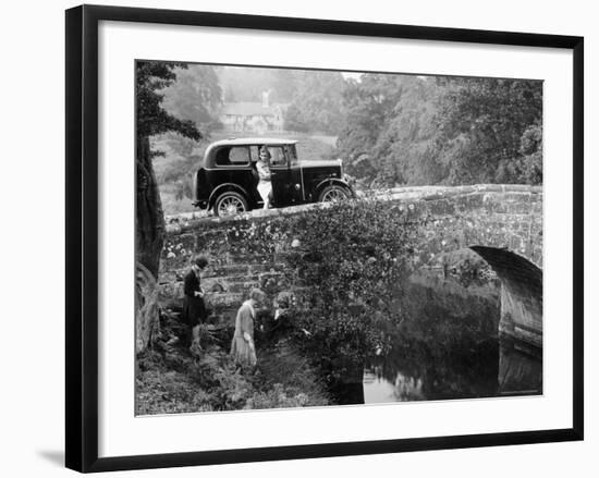 1930 Triumph Super 7 on a Stone Bridge in Rural England, 1930's-null-Framed Photographic Print