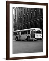 1930s-1940s Public Transportation Trackless Trolley Electric Bus About to Round Street Corner-null-Framed Photographic Print