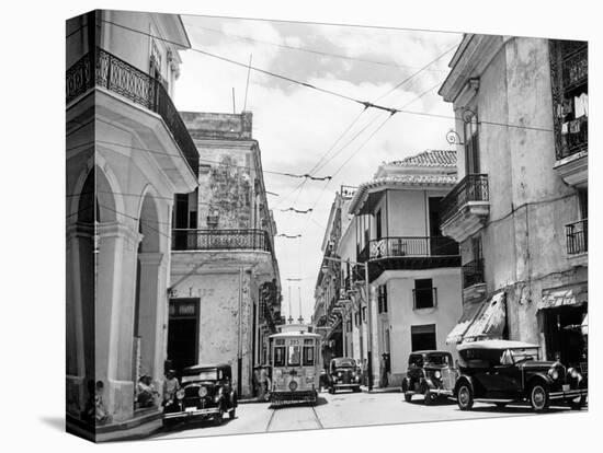 1930s-1940s Street Scene Cars Trolley Havana Cuba-null-Stretched Canvas