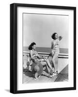 1930s 1940s TWO WOMEN SITTING ON HOTEL DECK BEACH SIDE IN ONE PIECE BATHING SUIT FASHION FLORIDA...-Panoramic Images-Framed Photographic Print