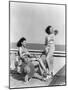 1930s 1940s TWO WOMEN SITTING ON HOTEL DECK BEACH SIDE IN ONE PIECE BATHING SUIT FASHION FLORIDA...-Panoramic Images-Mounted Photographic Print