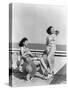 1930s 1940s TWO WOMEN SITTING ON HOTEL DECK BEACH SIDE IN ONE PIECE BATHING SUIT FASHION FLORIDA...-Panoramic Images-Stretched Canvas