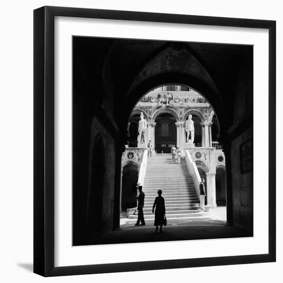 1930s-1940s Venice, Italy Doge's Palace View Through Archway to Staircase with Statues of Neptune-null-Framed Photographic Print