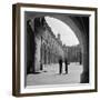 1930s FASHIONABLE ANONYMOUS COUPLE STANDING IN COURTYARD OF AN OLD CASTLE DRESDEN GERMANY-Panoramic Images-Framed Photographic Print