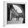 1930s FASHIONABLE ANONYMOUS COUPLE STANDING IN COURTYARD OF AN OLD CASTLE DRESDEN GERMANY-Panoramic Images-Framed Photographic Print