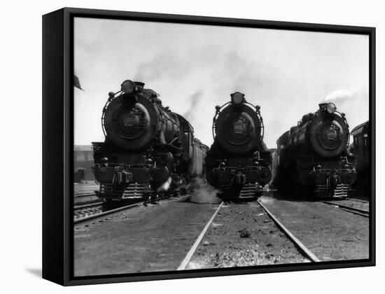 1930s Head-On Shot of Three Steam Engine Train Locomotives on Tracks-null-Framed Stretched Canvas