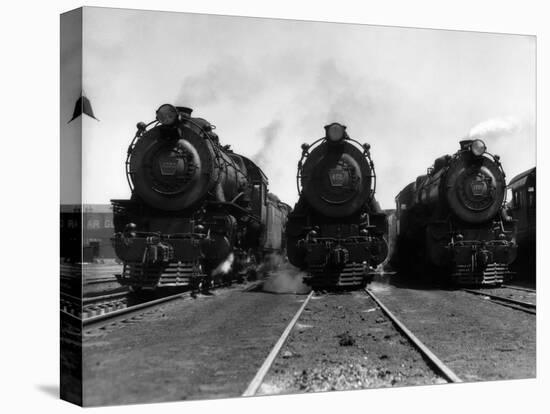 1930s Head-On Shot of Three Steam Engine Train Locomotives on Tracks-null-Stretched Canvas