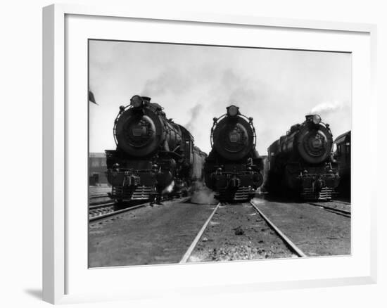 1930s Head-On Shot of Three Steam Engine Train Locomotives on Tracks-null-Framed Photographic Print