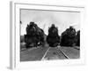 1930s Head-On Shot of Three Steam Engine Train Locomotives on Tracks-null-Framed Photographic Print