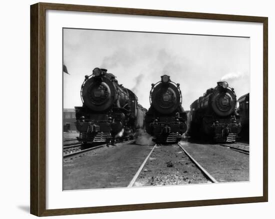 1930s Head-On Shot of Three Steam Engine Train Locomotives on Tracks-null-Framed Photographic Print