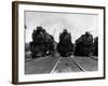 1930s Head-On Shot of Three Steam Engine Train Locomotives on Tracks-null-Framed Photographic Print