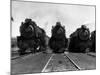 1930s Head-On Shot of Three Steam Engine Train Locomotives on Tracks-null-Mounted Photographic Print