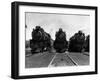 1930s Head-On Shot of Three Steam Engine Train Locomotives on Tracks-null-Framed Photographic Print