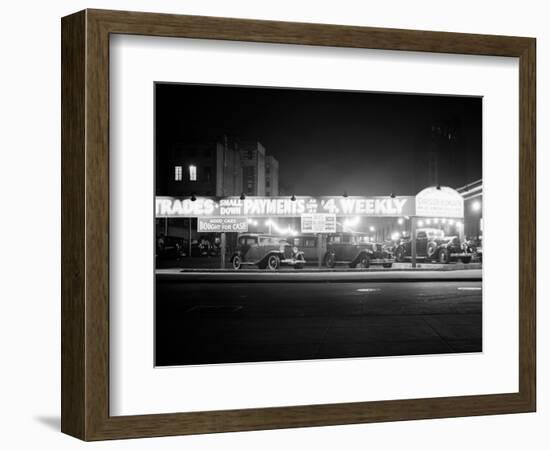 1930s New and Used Car Lot at Night Automobile Sales, Greenwich Village-null-Framed Photographic Print