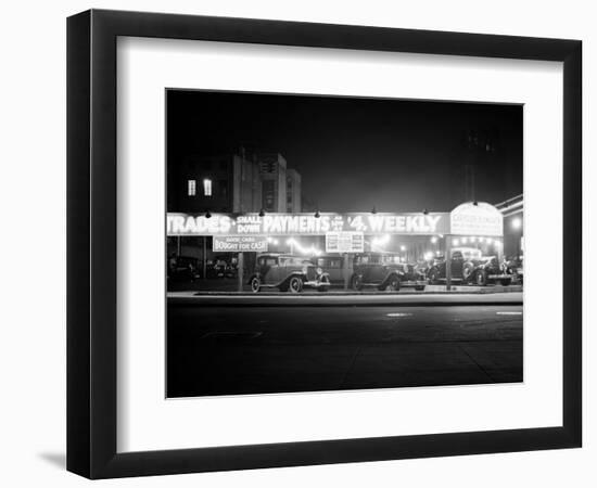 1930s New and Used Car Lot at Night Automobile Sales, Greenwich Village-null-Framed Photographic Print