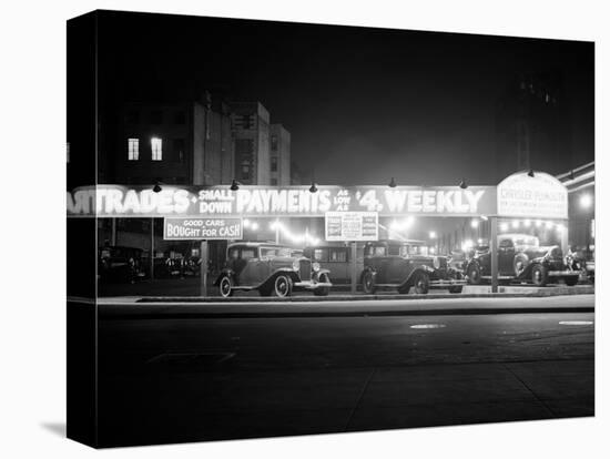 1930s New and Used Car Lot at Night Automobile Sales, Greenwich Village-null-Stretched Canvas