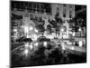 1930s Night Scene 5th Avenue Tree Lined Sidewalk Cars Anonymous Silhouetted Men Reflecting Water-null-Mounted Photographic Print