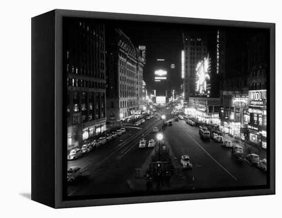 1930s Overhead of Times Square Lit Up at Night with Cars Lining Curbs NYC-null-Framed Stretched Canvas