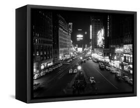 1930s Overhead of Times Square Lit Up at Night with Cars Lining Curbs NYC-null-Framed Stretched Canvas