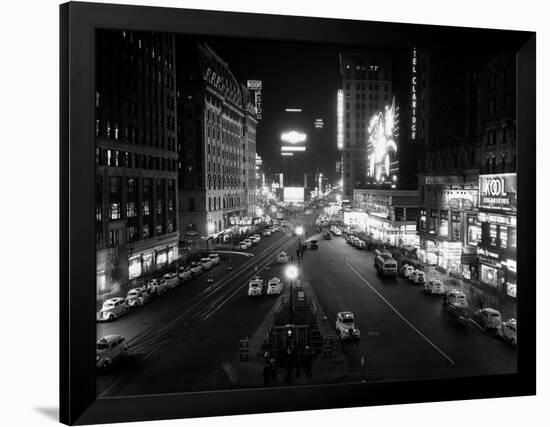 1930s Overhead of Times Square Lit Up at Night with Cars Lining Curbs NYC-null-Framed Photographic Print