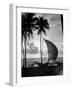 1930s Single Catamaran on Tropical Beach at Sunset Palm Trees Sri Lanka-null-Framed Photographic Print