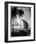 1930s Single Catamaran on Tropical Beach at Sunset Palm Trees Sri Lanka-null-Framed Photographic Print