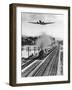 1930s THREE FORMS OF TRANSPORTATION MAN WALKING BY TRAIN TRACKS 4 MPH STEAM ENGINE TRAIN 40 MPH...-Panoramic Images-Framed Photographic Print