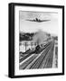 1930s THREE FORMS OF TRANSPORTATION MAN WALKING BY TRAIN TRACKS 4 MPH STEAM ENGINE TRAIN 40 MPH...-Panoramic Images-Framed Photographic Print