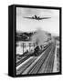 1930s THREE FORMS OF TRANSPORTATION MAN WALKING BY TRAIN TRACKS 4 MPH STEAM ENGINE TRAIN 40 MPH...-Panoramic Images-Framed Stretched Canvas