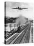 1930s THREE FORMS OF TRANSPORTATION MAN WALKING BY TRAIN TRACKS 4 MPH STEAM ENGINE TRAIN 40 MPH...-Panoramic Images-Stretched Canvas