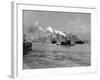 1933 Steam Engine Tug Boat and Staten Island Ferry Boats on Hudson River Against Manhattan-null-Framed Photographic Print