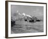 1933 Steam Engine Tug Boat and Staten Island Ferry Boats on Hudson River Against Manhattan-null-Framed Photographic Print