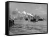 1933 Steam Engine Tug Boat and Staten Island Ferry Boats on Hudson River Against Manhattan-null-Framed Stretched Canvas