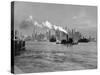 1933 Steam Engine Tug Boat and Staten Island Ferry Boats on Hudson River Against Manhattan-null-Stretched Canvas