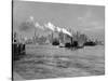 1933 Steam Engine Tug Boat and Staten Island Ferry Boats on Hudson River Against Manhattan-null-Stretched Canvas