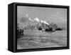 1933 Steam Engine Tug Boat and Staten Island Ferry Boats on Hudson River Against Manhattan-null-Framed Stretched Canvas