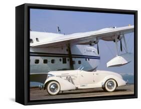 1935 Auburn 851 Speedster with Sunderland flying boat-null-Framed Stretched Canvas