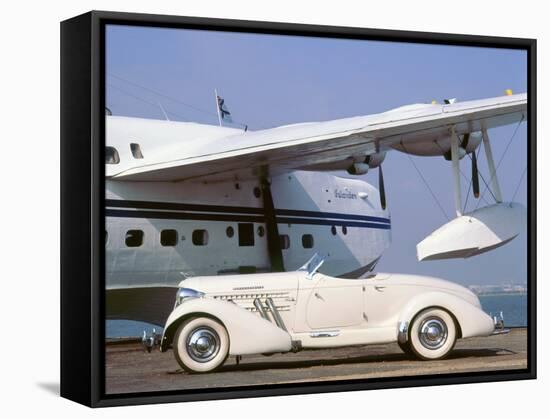 1935 Auburn 851 Speedster with Sunderland flying boat-null-Framed Stretched Canvas