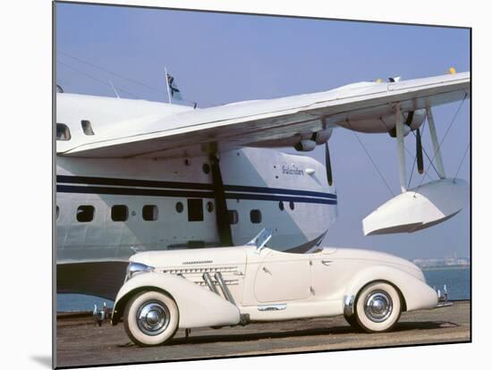 1935 Auburn 851 Speedster with Sunderland flying boat-null-Mounted Photographic Print