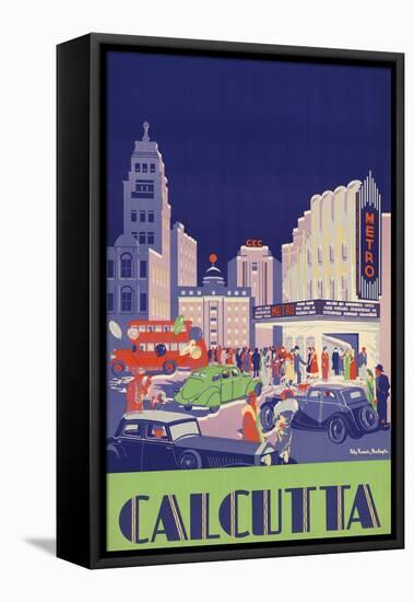 1938 Travel Poster Shows People Gathered by the Newly Opened Metro Cinema in Calcutta-null-Framed Stretched Canvas