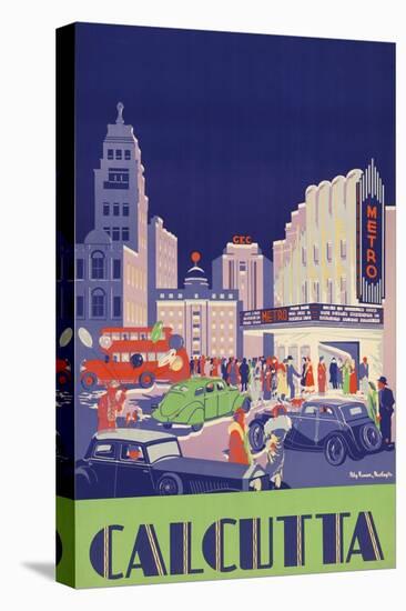 1938 Travel Poster Shows People Gathered by the Newly Opened Metro Cinema in Calcutta-null-Stretched Canvas