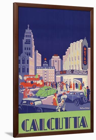 1938 Travel Poster Shows People Gathered by the Newly Opened Metro Cinema in Calcutta-null-Framed Art Print