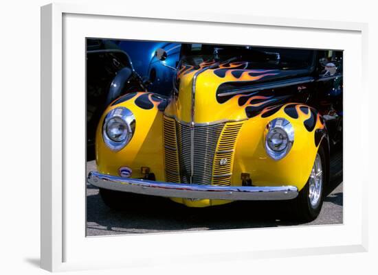 1939 1940 Ford Flame Job Painted Hot Rod Automobile Hood Headlights Grill Front Bumper-null-Framed Photographic Print