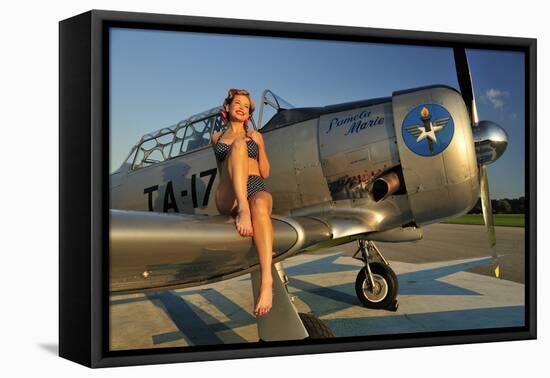 1940's Pin-Up Girl Sitting on the Wing of a World War II T-6 Texan-null-Framed Stretched Canvas