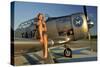 1940's Pin-Up Girl Sitting on the Wing of a World War II T-6 Texan-null-Stretched Canvas