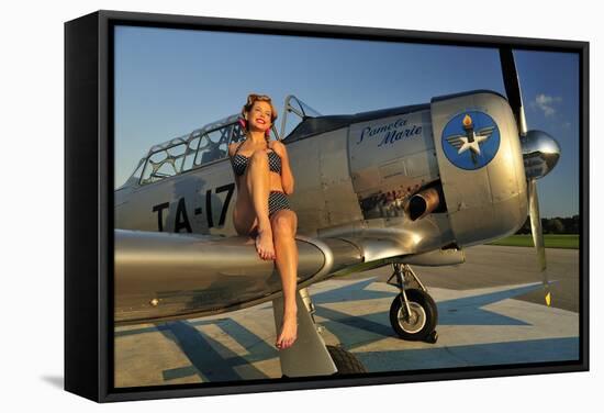 1940's Pin-Up Girl Sitting on the Wing of a World War II T-6 Texan-null-Framed Stretched Canvas