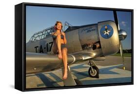 1940's Pin-Up Girl Sitting on the Wing of a World War II T-6 Texan-null-Framed Stretched Canvas