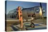 1940's Pin-Up Girl Sitting on the Wing of a World War II T-6 Texan-null-Stretched Canvas